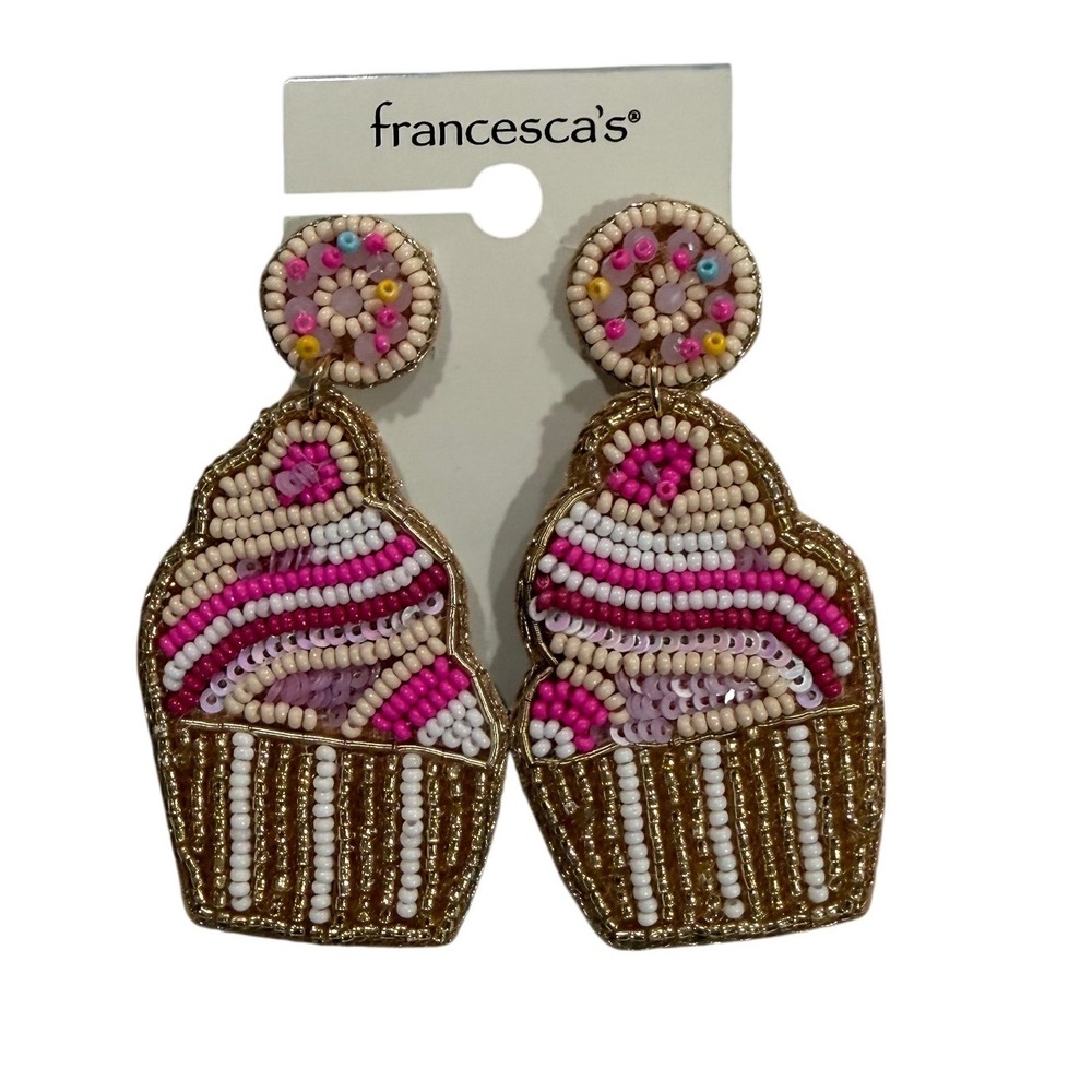Francescas Beaded Cupcake Dangle Earrings Pink White Gold‎ Fun Novelty